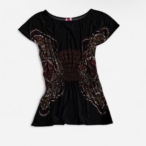 Black Printed Short Sleeve Women's Top